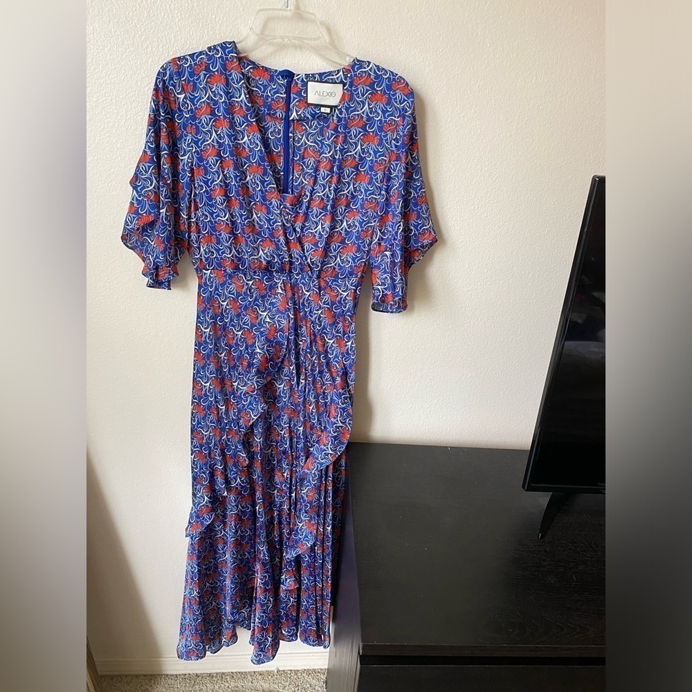 ALEXIS Women’s Alleria Floral Print Dress Blue Size L Ruffle Detail Midi - Picture 2 of 9